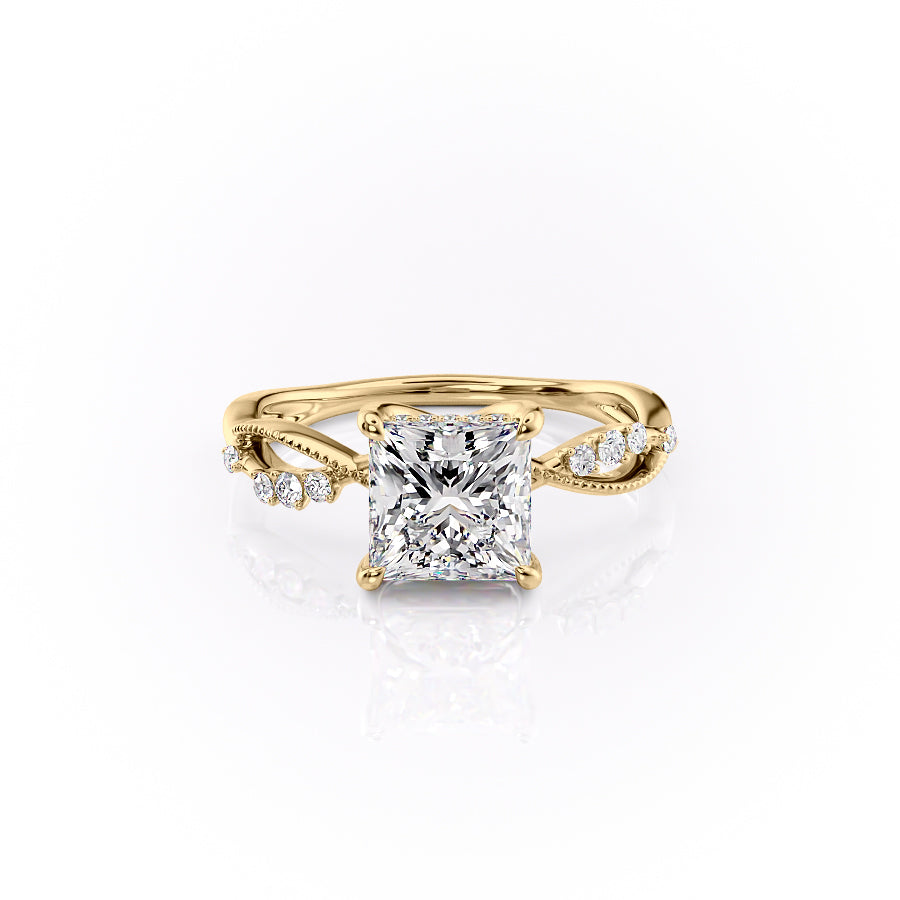 The Daisy Set  With A 2.5 Carat Princess 18K Yellow Gold Moissanite