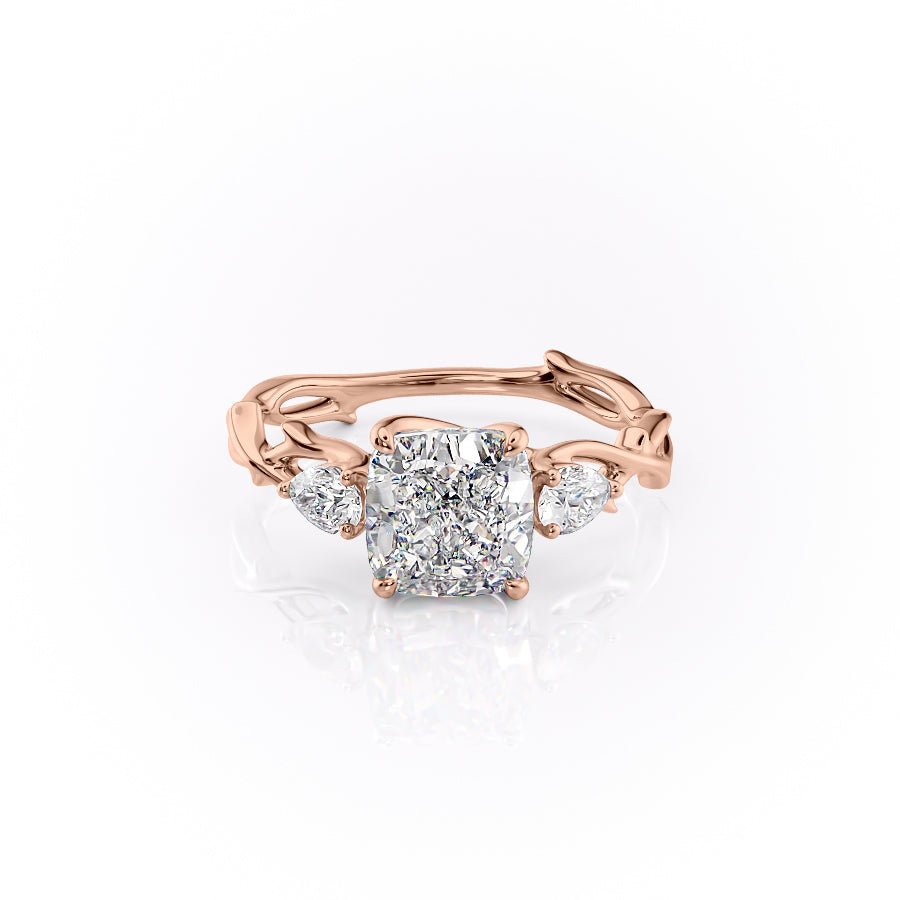 The Three Stone Twig Set  With A 2.5 Carat Cushion 14K Rose Gold Moissanite