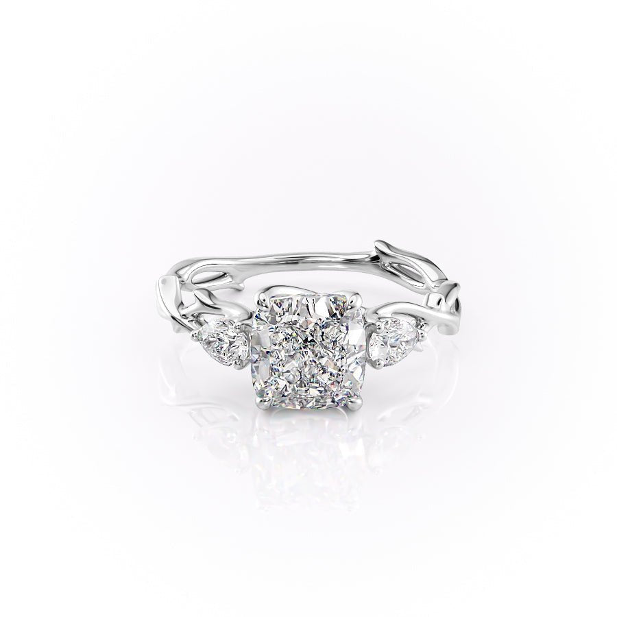 The Three Stone Twig Set  With A 2 Carat Cushion 18K White Gold Moissanite