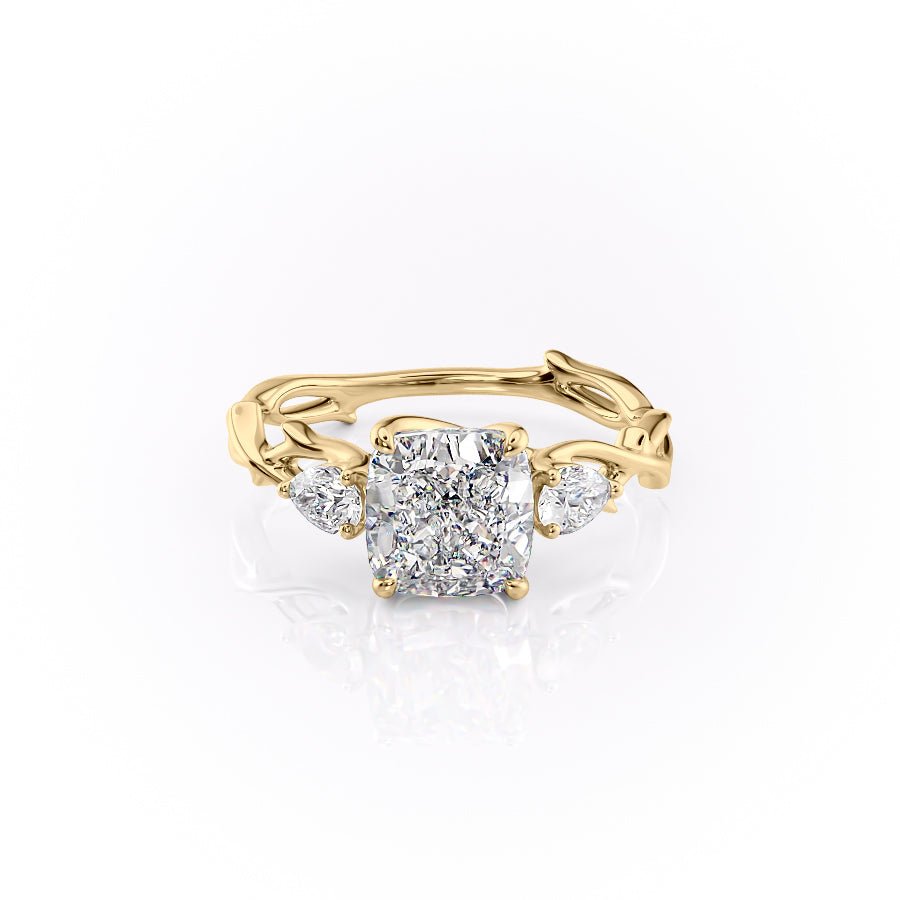 The Three Stone Twig Set With A 1 Carat Cushion 18K Yellow Gold Lab Diamond