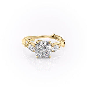 The Three Stone Twig Set  With A 1.5 Carat Cushion 18K Yellow Gold Moissanite