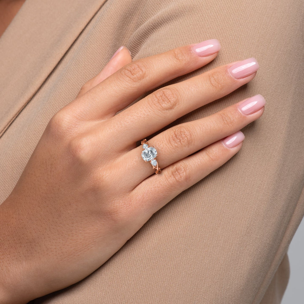 The Three Stone Twig Set  With A 3 Carat E. Cushion 14K Rose Gold Moissanite