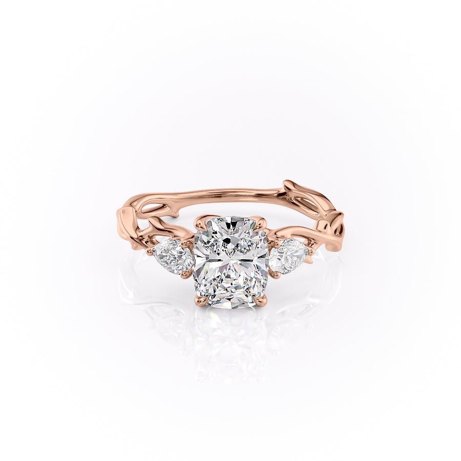 The Three Stone Twig Set  With A 4 Carat E. Cushion 14K Rose Gold Moissanite