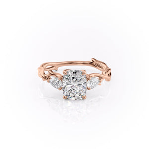 The Three Stone Twig Set  With A 1 Carat E. Cushion 14K Rose Gold Moissanite