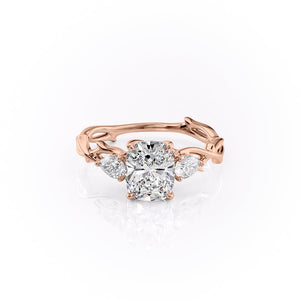 The Three Stone Twig Set  With A 5 Carat E. Cushion 14K Rose Gold Moissanite