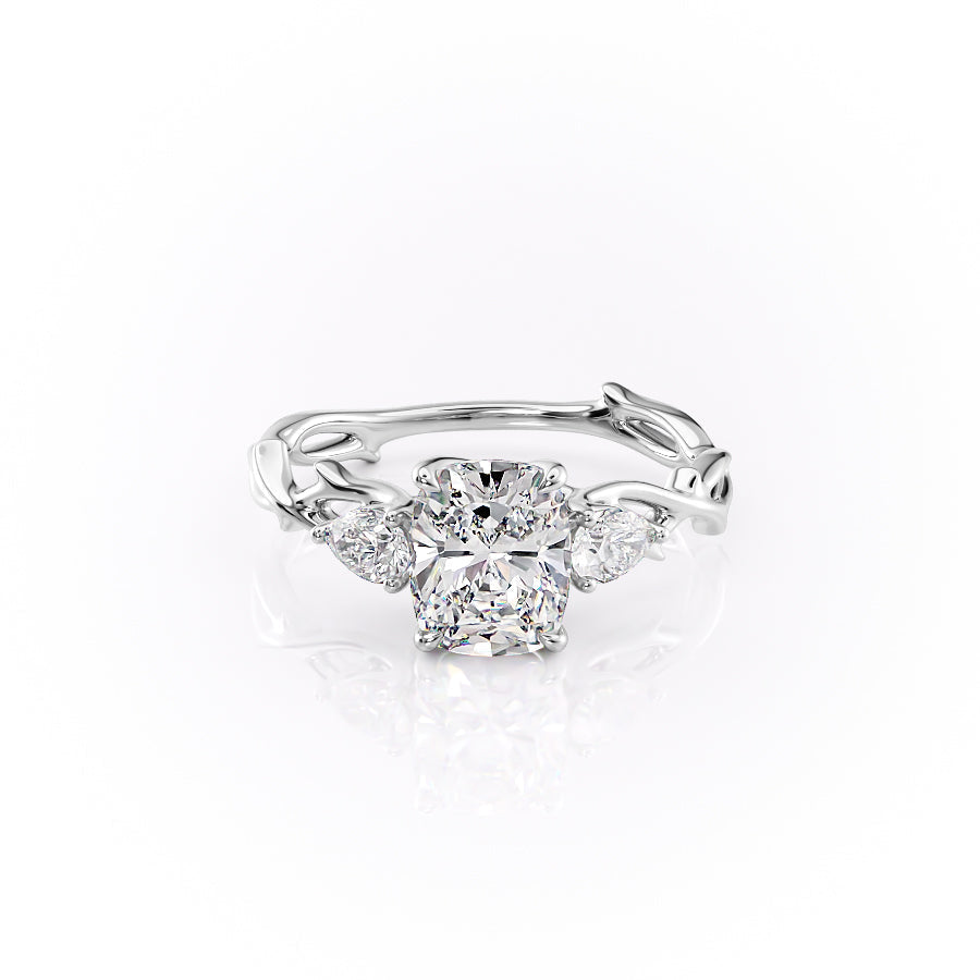 The Three Stone Twig Set  With A 1 Carat E. Cushion 18K White Gold Moissanite