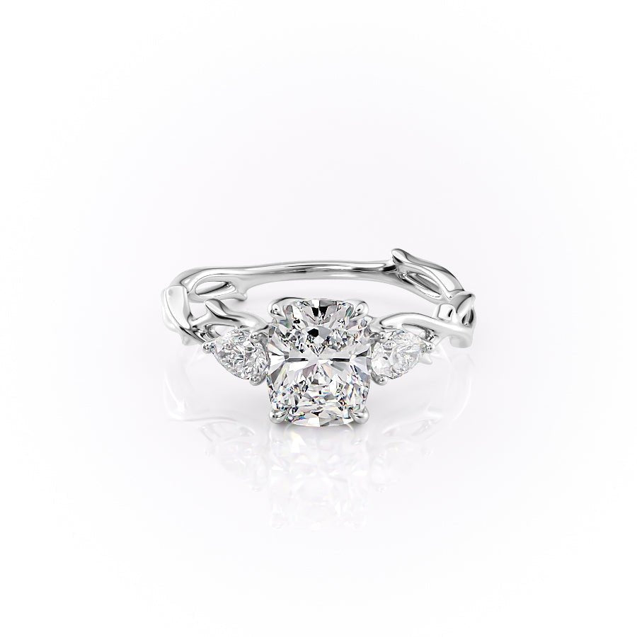 The Three Stone Twig Set  With A 2 Carat E. Cushion 14K White Gold Moissanite