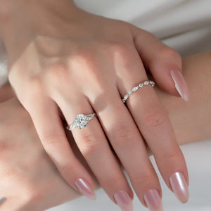 The Three Stone Twig Set  With A 3 Carat E. Cushion 18K White Gold Moissanite