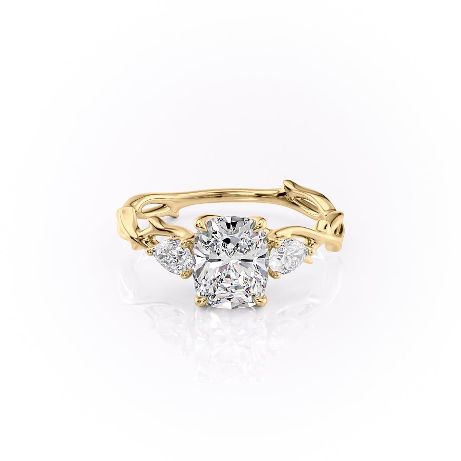 The Three Stone Twig Set  With A 5 Carat E. Cushion 14K Yellow Gold Moissanite