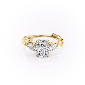The Three Stone Twig Set  With A 1 Carat E. Cushion 14K Yellow Gold Moissanite