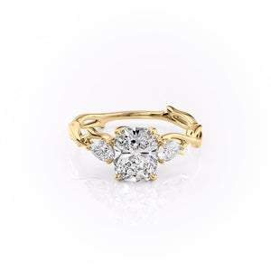 The Three Stone Twig Set  With A 4.5 Carat E. Cushion 14K Yellow Gold Moissanite