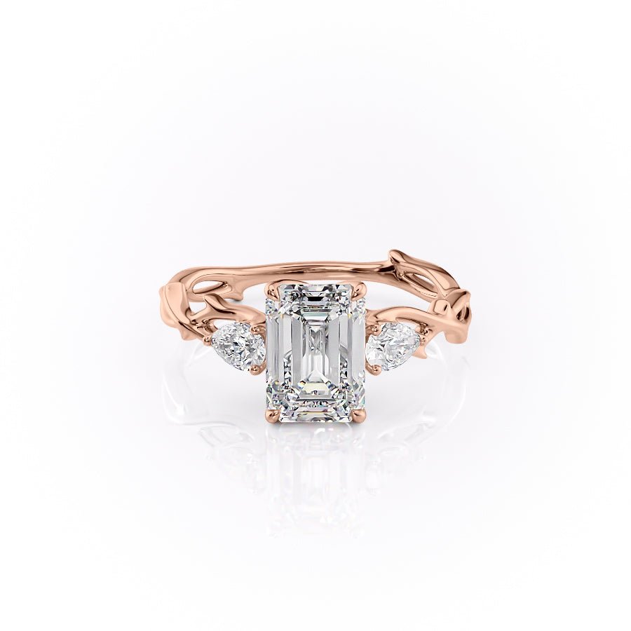 The Three Stone Twig Set  With A 4.5 Carat Emerald 18K Rose Gold Moissanite