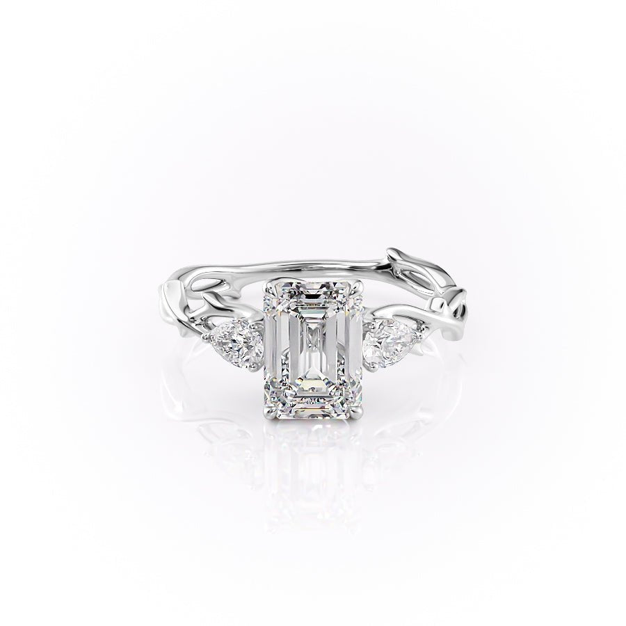 The Three Stone Twig Set  With A 3 Carat Emerald 14K White Gold Moissanite