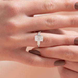 The Three Stone Twig Set  With A 1 Carat Emerald 18K White Gold Moissanite