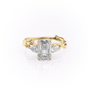 The Three Stone Twig Set  With A 2 Carat Emerald 18K Yellow Gold Moissanite