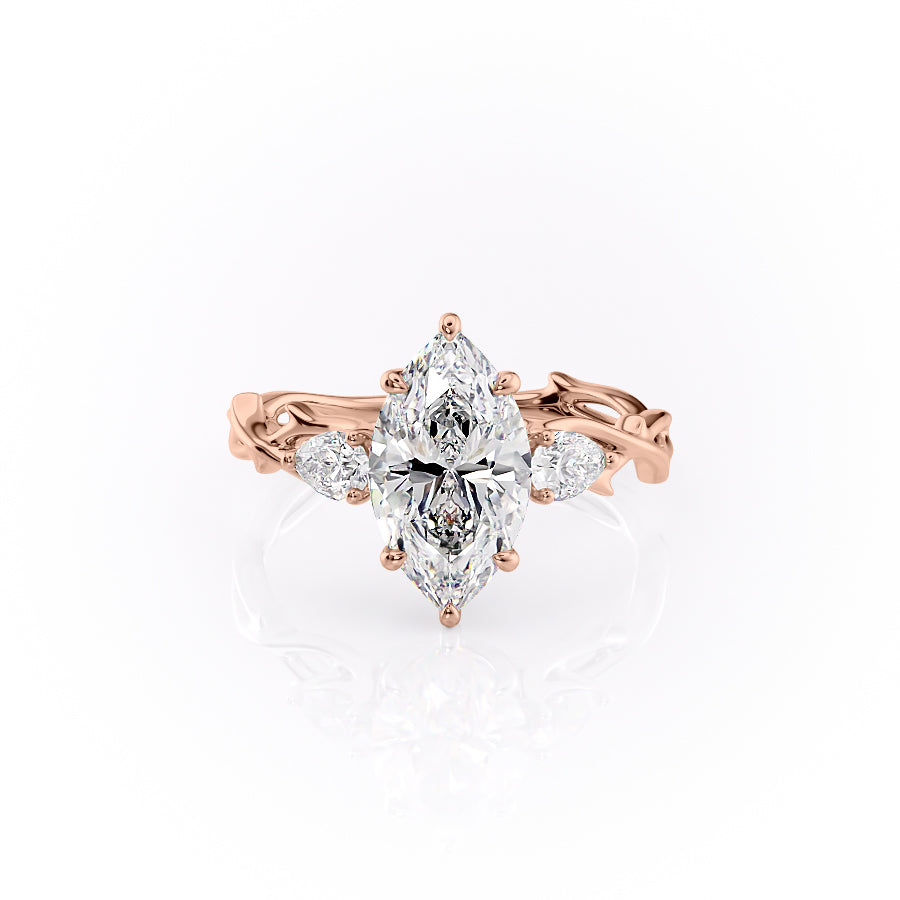 The Three Stone Twig Set With A 1 Carat Marquise 14K Rose Gold Lab Diamond