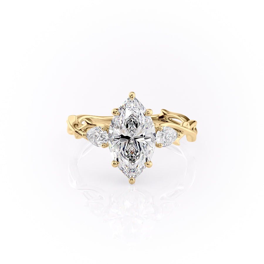 The Three Stone Twig Set  With A 3 Carat Marquise 14K Yellow Gold Moissanite