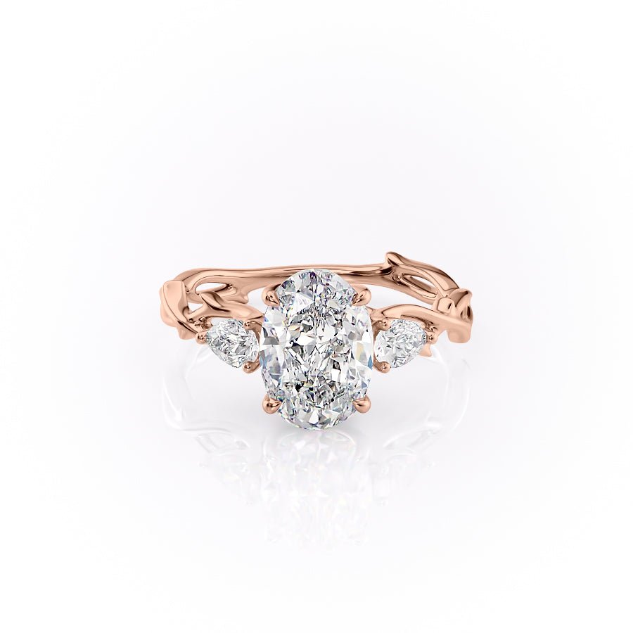 The Three Stone Twig Set  With A 1.5 Carat Oval 14K Rose Gold Moissanite