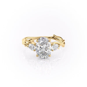 The Three Stone Twig Set  With A 4.5 Carat Oval 18K Yellow Gold Moissanite