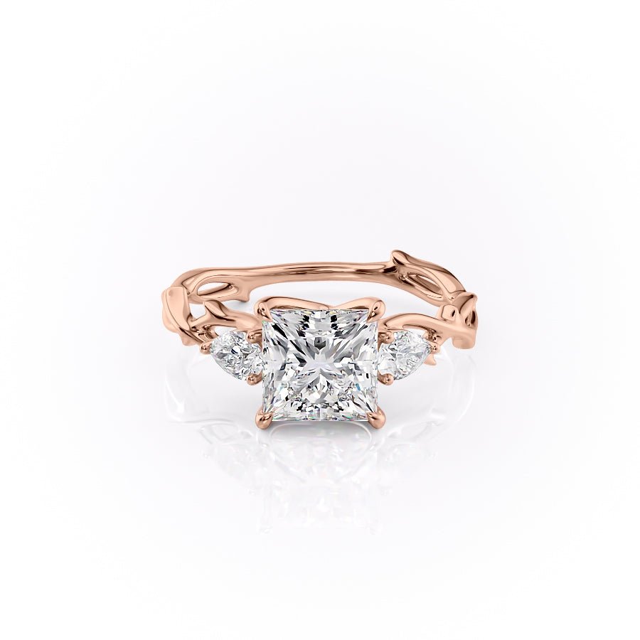 The Three Stone Twig Set  With A 3.5 Carat Princess 14K Rose Gold Moissanite