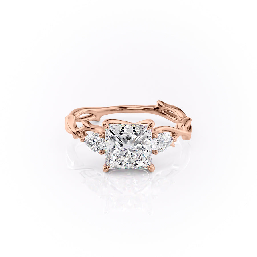 The Three Stone Twig Set  With A 1 Carat Princess 18K Rose Gold Moissanite