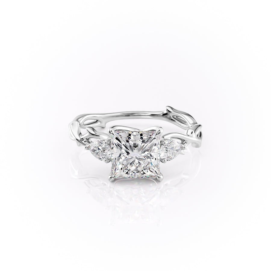 The Three Stone Twig Set  With A 3 Carat Princess 14K White Gold Moissanite
