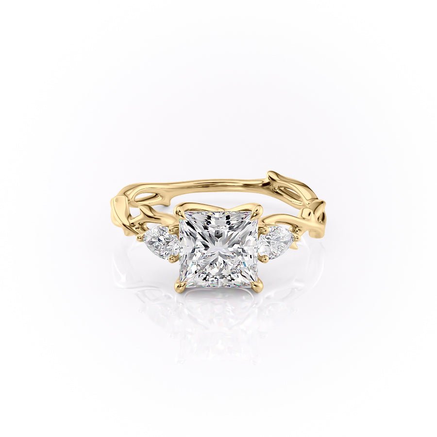 The Three Stone Twig Set  With A 4 Carat Princess 18K Yellow Gold Moissanite