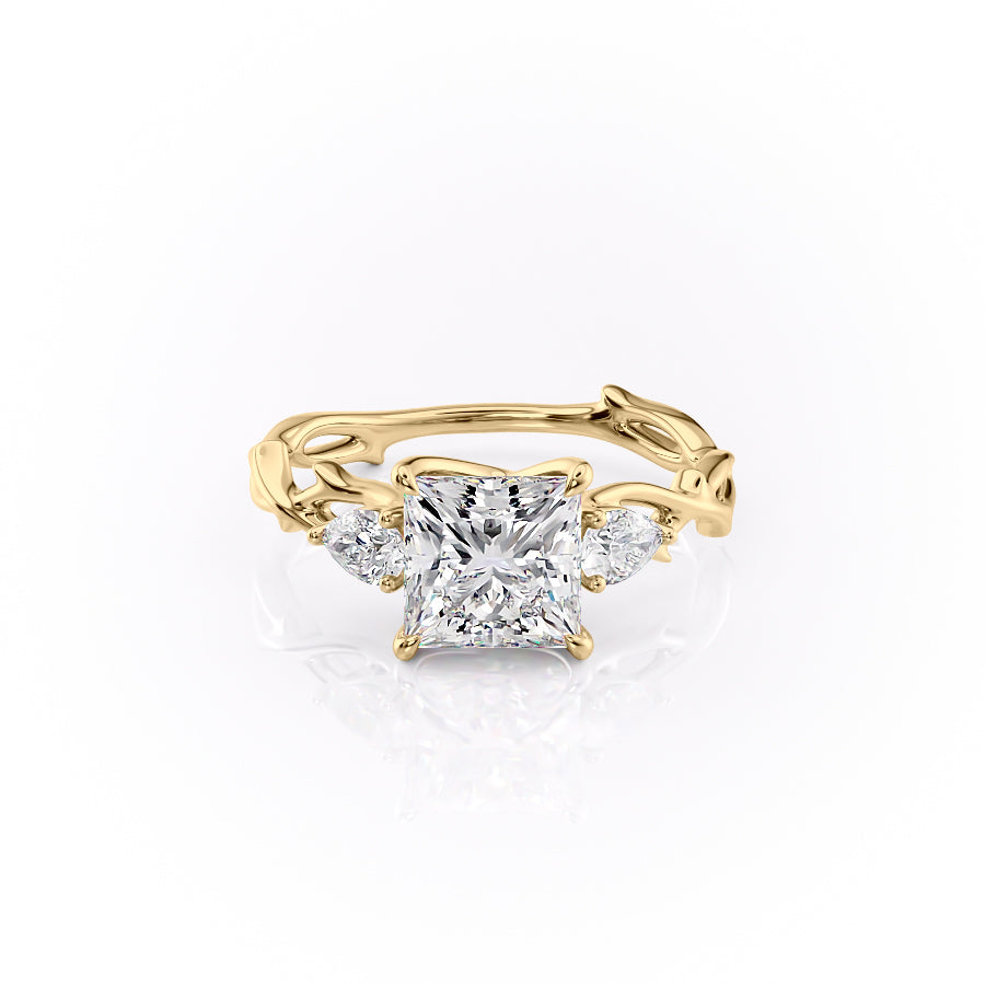 The Twig Set  With A 2.5 Carat Princess 18K Yellow Gold Moissanite