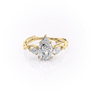 The Three Stone Twig Set  With A 4.5 Carat Pear 18K Yellow Gold Moissanite