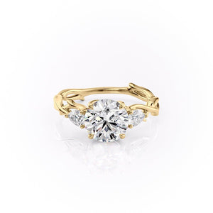 The Three Stone Twig Set  With A 4 Carat Round 18K Yellow Gold Moissanite