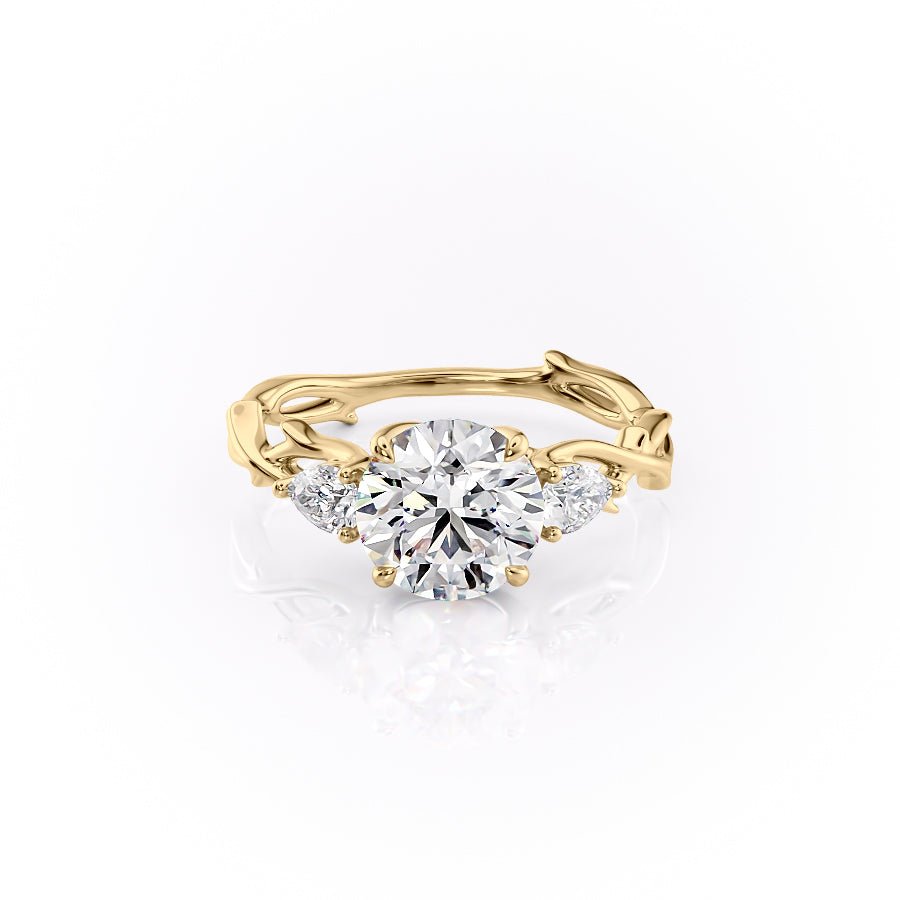 The Three Stone Twig Set  With A 2 Carat Round 18K Yellow Gold Moissanite