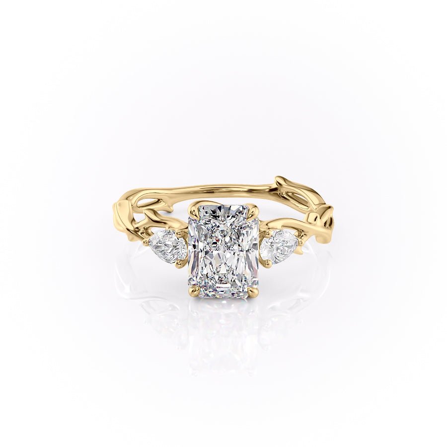 The Three Stone Twig Set  With A 3 Carat Radiant 18K Yellow Gold Moissanite
