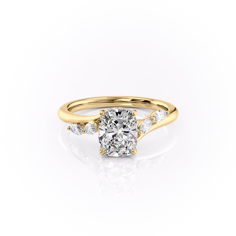 The Nova Set  With A 1.5 Carat E. Cushion 18K Yellow Gold Moissanite