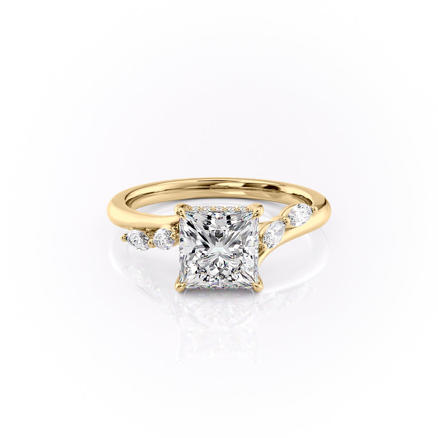 The Nova Set  With A 3 Carat Princess 18K Yellow Gold Moissanite