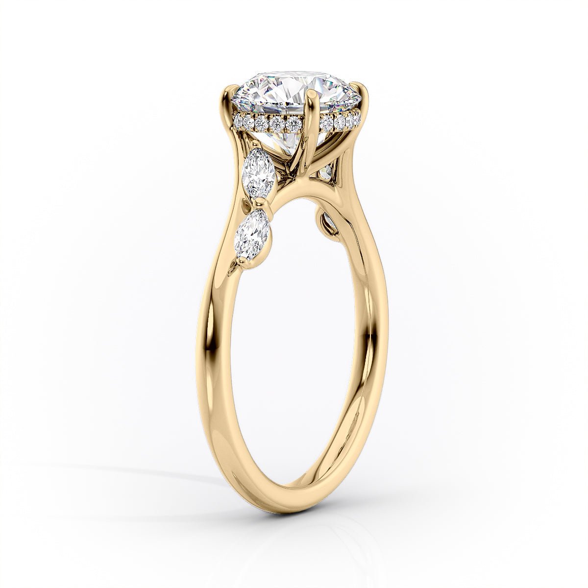 The Nova Set  With A 2 Carat E. Cushion 14K Yellow Gold Moissanite