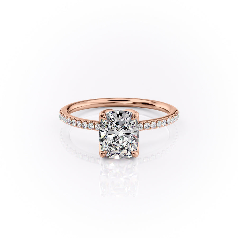 The Pave Lisa Set  With A 3 Carat E. Cushion 14K Rose Gold Moissanite