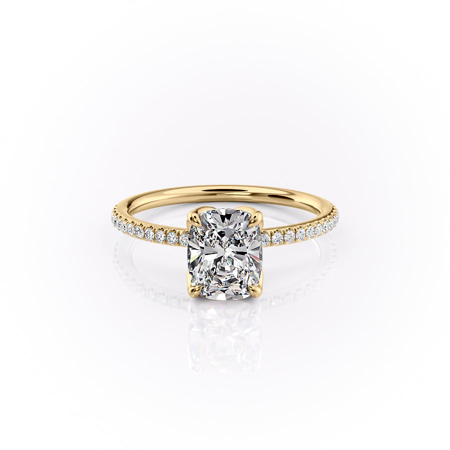 The Pave Lisa Set  With A 2.5 Carat E. Cushion 18K Yellow Gold Moissanite