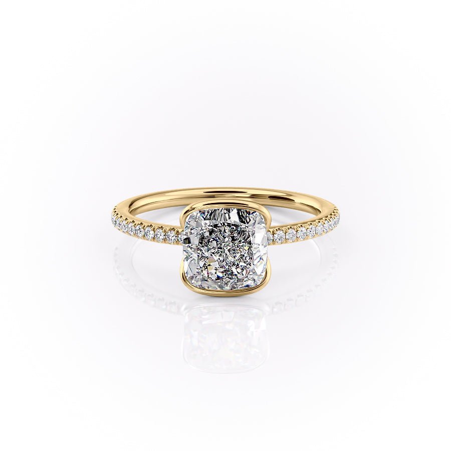 The Pave Eliza Set With A 1.5 Carat Cushion 14K Yellow Gold Lab Diamond