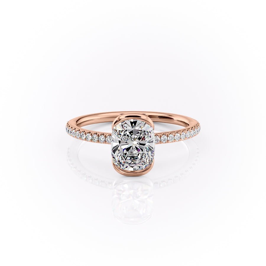The Pave Eliza Set With A 1.5 Carat E. Cushion 14K Rose Gold Lab Diamond