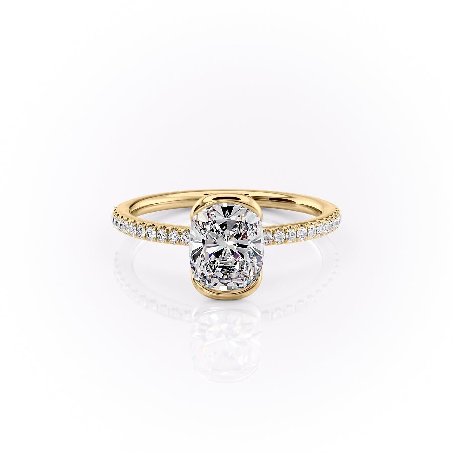 The Pave Eliza Set With A 1.5 Carat E. Cushion 18K Yellow Gold Lab Diamond