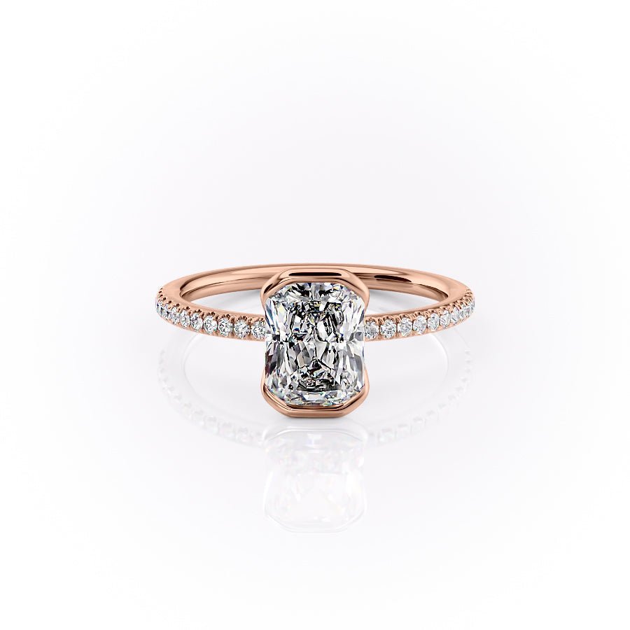 The Pave Eliza Set With A 1.5 Carat Radiant 14K Rose Gold Lab Diamond