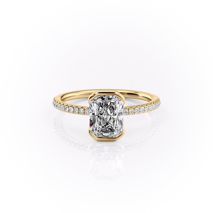 The Pave Eliza Set With A 1.5 Carat Radiant 18K Yellow Gold Lab Diamond