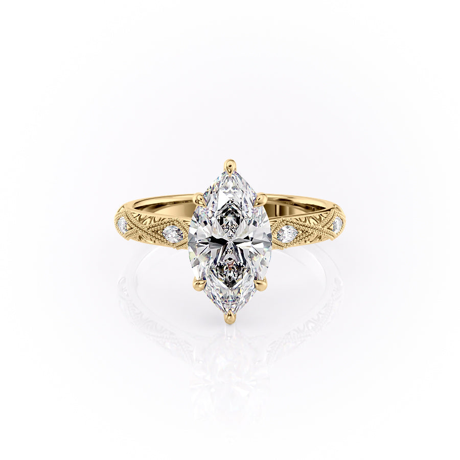 The Claudia Set  With A 3 Carat Marquise 18K Yellow Gold Moissanite