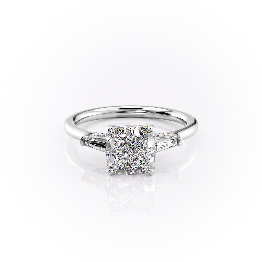 The Baguettes Megan Set  With A 3 Carat Cushion 18K White Gold Moissanite