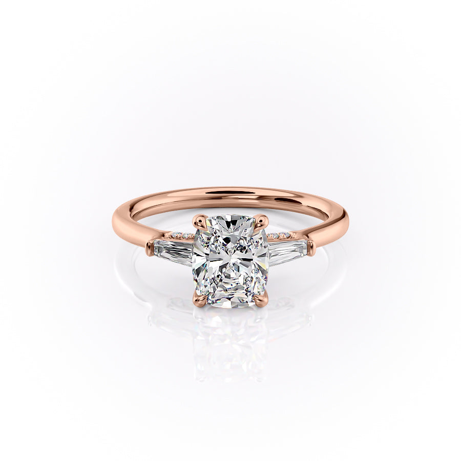 The Baguettes Megan Set  With A 2.5 Carat E. Cushion 14K Rose Gold Moissanite