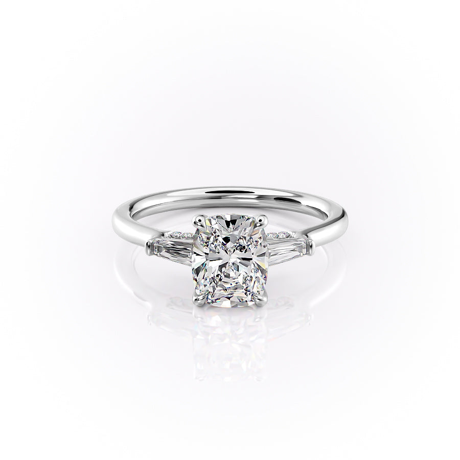 The Baguettes Megan Set  With A 1.5 Carat E. Cushion 18K White Gold Moissanite