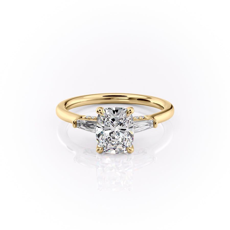 The Baguettes Megan Set  With A 4.5 Carat E. Cushion 14K Yellow Gold Moissanite