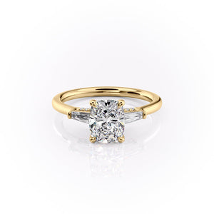 The Baguettes Megan Set  With A 5 Carat E. Cushion 18K Yellow Gold Moissanite