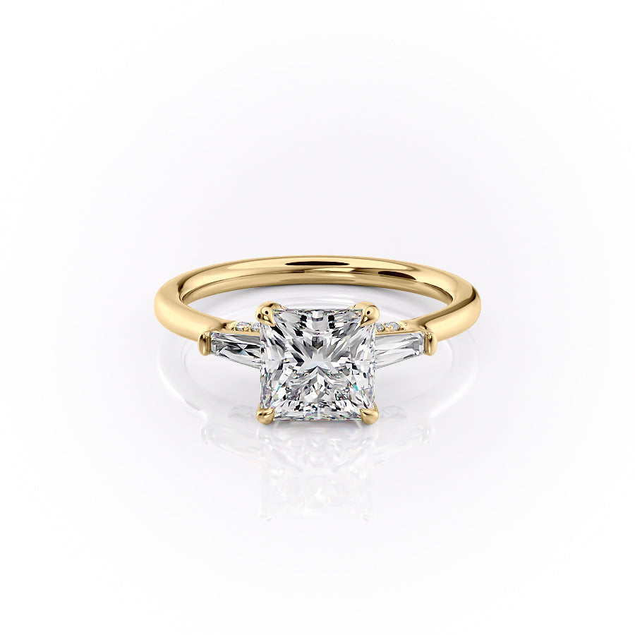 The Baguettes Megan Set  With A 4.5 Carat Princess 18K Yellow Gold Moissanite