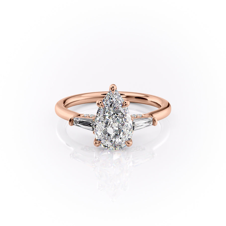 The Baguettes Megan Set  With A 3 Carat Pear 14K Rose Gold Moissanite